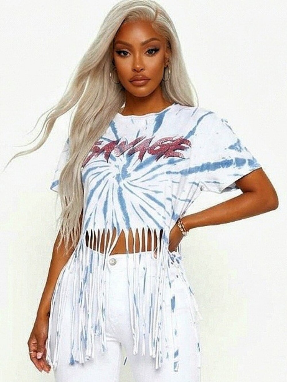 Fashion Nova white blue tie dye red SAVAGE graphics fringe crop top 2X NWOT